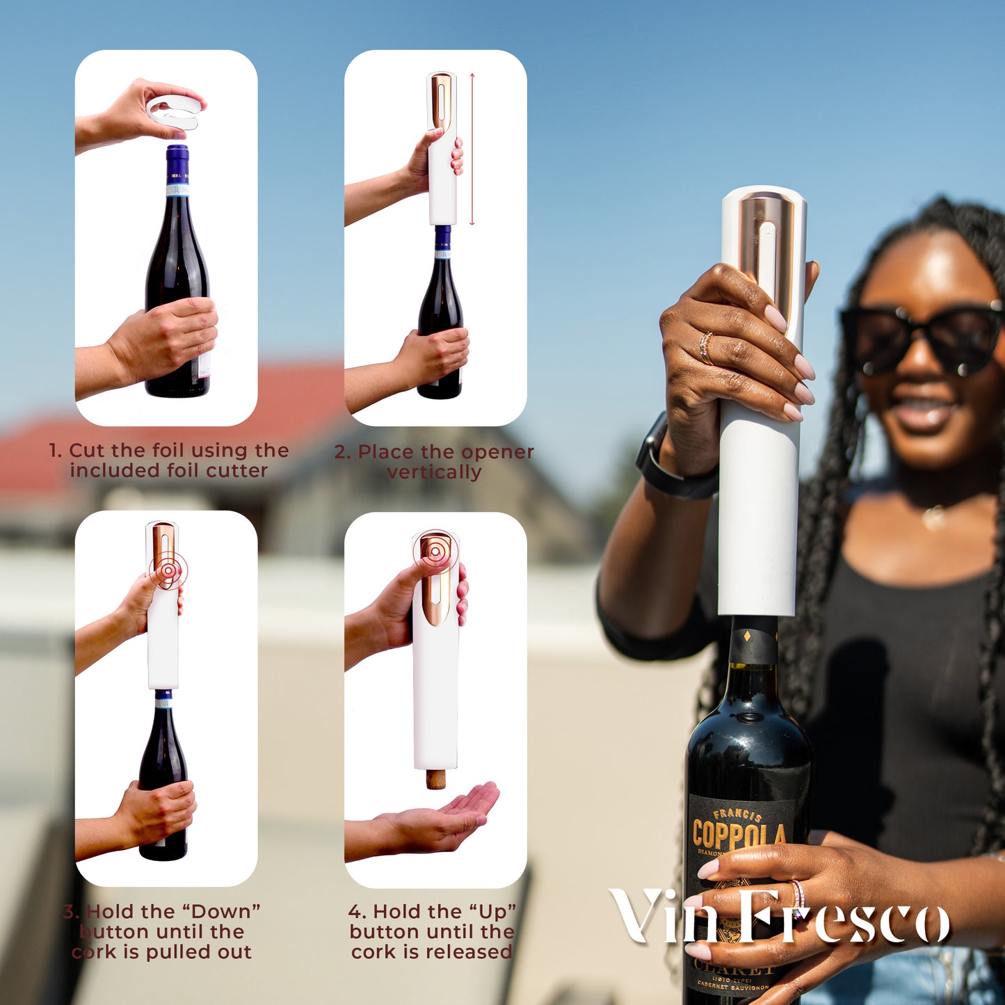 Rechargeable Electric Wine Bottle Opener with Charging Base & Foil Cutter (White & Rose Gold)