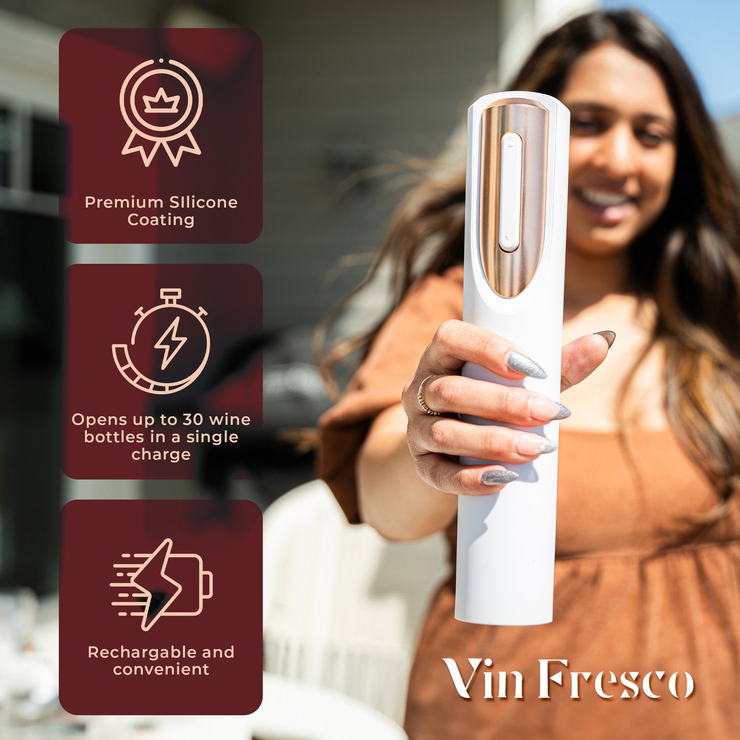 Rechargeable Electric Wine Bottle Opener with Charging Base & Foil Cutter (White & Rose Gold)